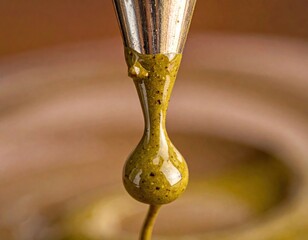 Close Up Macro Shot Of A Golden Olive Oil Droplet Dripping From A Silver Spatula With Blurred Background
