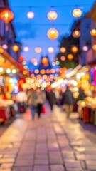 Blurred Nighttime Street Scene With Red Lanterns And Pedestrians Under Blue Sky