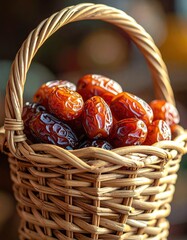 Close-Up Of Dried Dates In A Wicker Basket With Soft Bokeh Background In Natural Sunlight