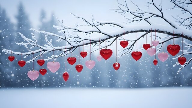 Snowy winter scene with heart shaped valentine's day balloons hanging from a tree branch
