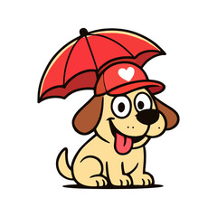 A cheerful cartoon puppy with a red cap featuring a white heart and a matching red umbrella
