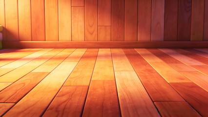 3D interior background with warm sunlight hitting a wooden floor and vertical plank wall texture.