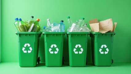 Green recycling bins with eco symbols, sorted waste materials, plastic bottles, paper, sustainability concept, environmental conservation, clean sorting system