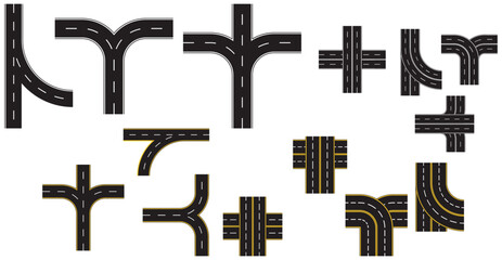 City road and highway top view. Signal and junction box with curve roadway parts of single and double roads. Transport icons. Aerial view of asphalt street and Road from above with footpaths and cross