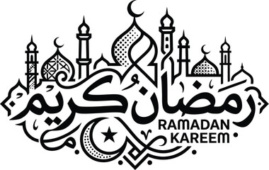 Ramadan Kareem typography with mosque silhouettes and crescent moon vector