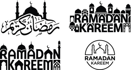 Ramadan Kareem typography with mosque silhouettes and crescent moon vector