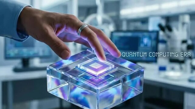 future ready tech environment concept. Hand hovering over a transparent quantum computing device in a lab setting.