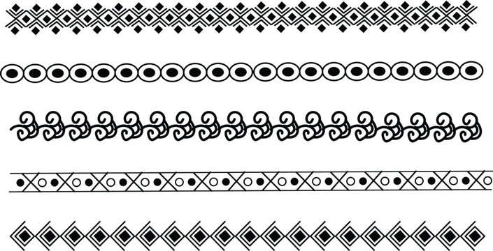 Set of minimalist black and white horizontal decorative border dividers with geometric and floral pattern design elements for graphic design projects