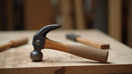 Claw hammer on wooden workbench, construction hand tool, carpentry equipment, building and repair concept, steel head and handle, craftsman instrument