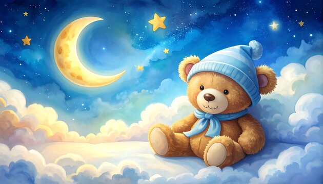 A cute teddy bear, sporting a blue cap and scarf, sits amid fluffy clouds, under a glowing crescent moon and twinkling stars