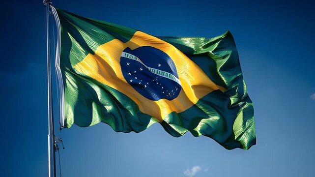 Brazilian Flag Waving in Clear Blue Daylight Sky