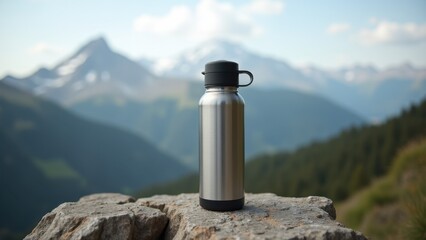 Stainless steel thermos flask on mountain background, outdoor adventure equipment, hot beverage container, camping gear essential, hiking accessory