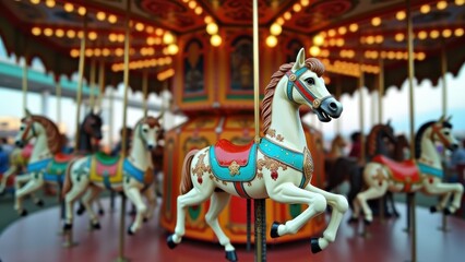 Vintage carnival carousel with ornate painted horses, amusement park ride, nostalgic fairground attraction, colorful decorative lights, childhood entertainment