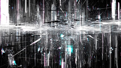 Dynamic abstract monochrome composition features geometric lines and glitch effects creating a