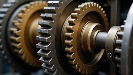 Interlocking metal gears rotating, mechanical engineering concept, industrial machinery parts, synchronized movement system, bronze cog wheels