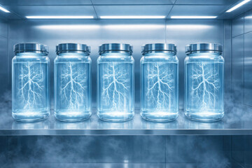 Future medical biotech innovation showcases advanced technology in glass jars filled with glowing liquid representing scientific progress