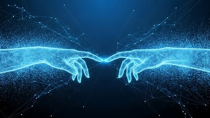 Two digital glowing blue hands made of wireframe network reaching out to touch fingers, concept of AI and human connection
