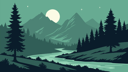 Flat Vector Night Landscape of Mountains and River under a Full Moon in Teal Tones © SABIHA