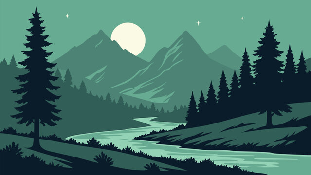 Flat Vector Night Landscape of Mountains and River under a Full Moon in Teal Tones