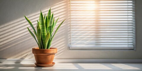 Serene indoor scene featuring a potted succulent plant bathed in sunlight streaming through window blinds
