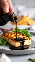 Gourmet Grilled Halloumi Cheese Drizzled With Dark Balsamic Glaze And Fresh Basil Leaves On A Plate With Garlic And Bread In Soft Light