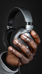 Close up of a person's hand holding silver and black headphones against a dark grey background with soft studio lighting