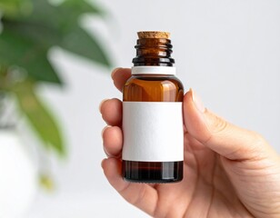 Close Up Of Hand Holding Small Amber Glass Dropper Bottle With Blank Label and Cork Stopper Against Softly Blurred Green Plant Background