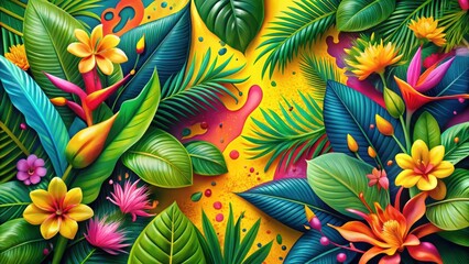Vibrant Tropical Foliage and Blossoms in a Summery Composition Featuring Lush Green Leaves, Vivid Flowers, and Bold Color Splashes