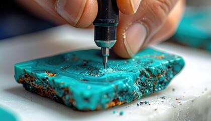 Close-up of Skilled Hands Carving Intricate Patterns into Vibrant Turquoise Gemstone with Precision Rotary Tool