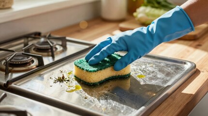Cleaning a kitchen surface with a sponge and gloves during daytime hours Generative AI