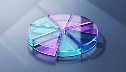 Professional 3d isometric pie chart made from translucent glass. Data analysis graphic with colorful slice for business report or presentation on reflective surface