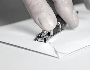 Close Up Of A Person Using A Stapler To Attach Paper Documents On A White Desk With Neutral Lighting