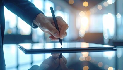 Close Up Of A Hand Holding A Stylus Over A Digital Tablet In A Modern Office With Soft Bokeh Lighting