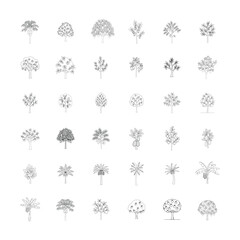 Large set of fruit trees and tropical palm plants hand drawn outline icons