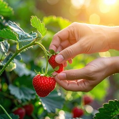 Close Up Of Person Hands Picking Ripe Red Strawberries From Green Plant In Warm Sunlight