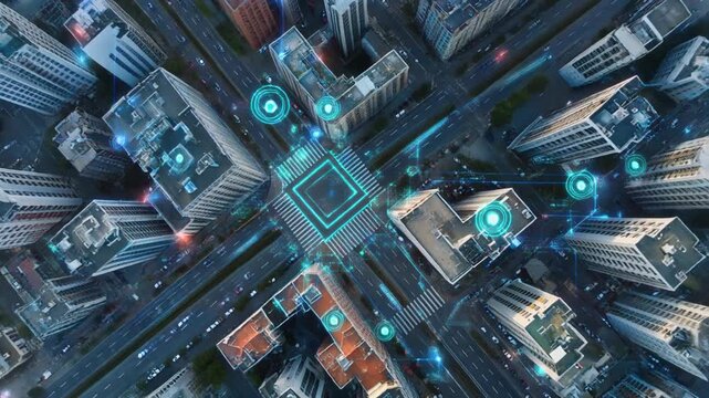 Aerial view shows buildings and structures with an out of focus quality and a predominance of blue and gray colors