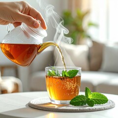 Hand Pouring Hot Amber Tea From Glass Teapot With Golden Handle Into Clear Glass With Fresh Mint Leaves Steam Rising Comforting Home Ambiance Soft Natural Light