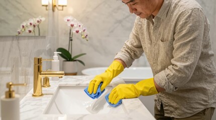 Man cleaning sink in modern bathroom during daytime Generative AI