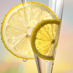 Close up of two vibrant yellow lemon slices with water droplets and bubbles inside a clear glass with a soft yellow and pink gradient background showing a refreshing beverage concept