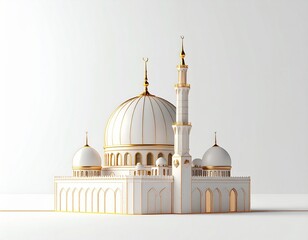 Elegant White and Gold Mosque Architecture with Tall Minarets and Domes Under Soft Studio Lighting