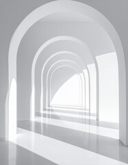Minimalist White Arched Corridor With Natural Sunlight Casting Long Shadows On A Glossy Floor Creating A Serene Architectural Perspective