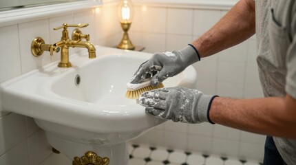 Cleaning a sink with a brush in a bathroom during the day Generative AI
