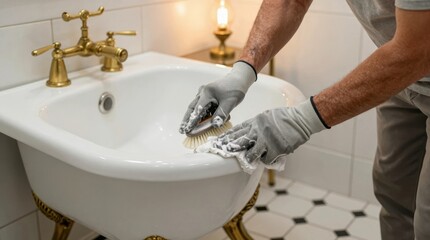 Cleaning a sink in a bathroom with gloves and a scrub brush Generative AI