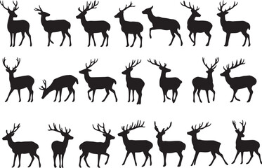 Naklejka premium Collection of black silhouettes of deer with antlers in various poses Vector.