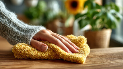 Woman's hand in a grey sweater cleaning a wooden surface with a yellow microfiber cloth