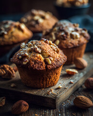 Freshly baked golden brown muffins with cracked tops and crunchy walnuts and almonds on rustic wooden table with scattered crumbs  
