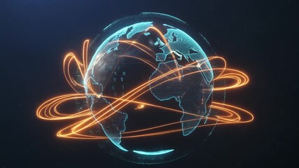 Glowing Orange Network Overlay on a Digital Earth Globe with Binary Code planet connection - Powered by Adobe