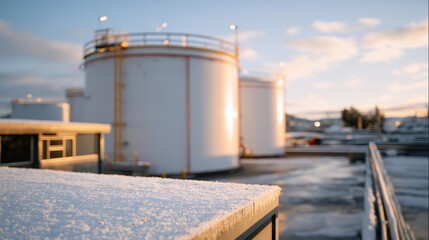 Obraz premium Cryogenic nitrogen storage tanks standing in a secured outdoor plant, frost forming on metal surfaces under bright morning light — chemical industry visuals, cold-storage technology, and