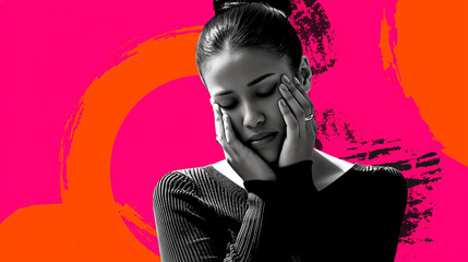 An adult woman looks serious or troubled, she is in turmoil. Themes of mental health, neurodivergence, women's health. Wide landscape format ratio 16:9