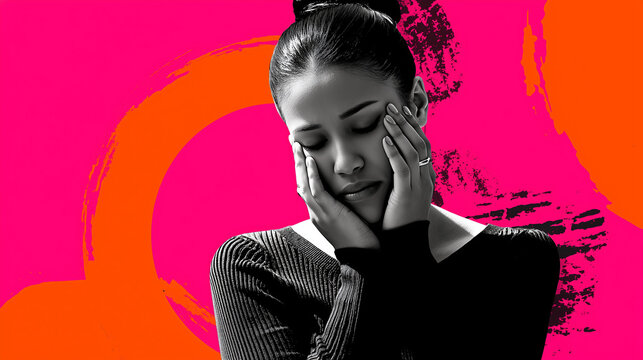 An adult woman looks serious or troubled, she is in turmoil. Themes of mental health, neurodivergence, women's health. Wide landscape format ratio 16:9